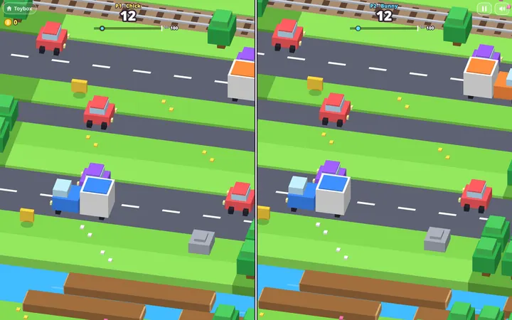 Voxel chick hopping across roads and rivers