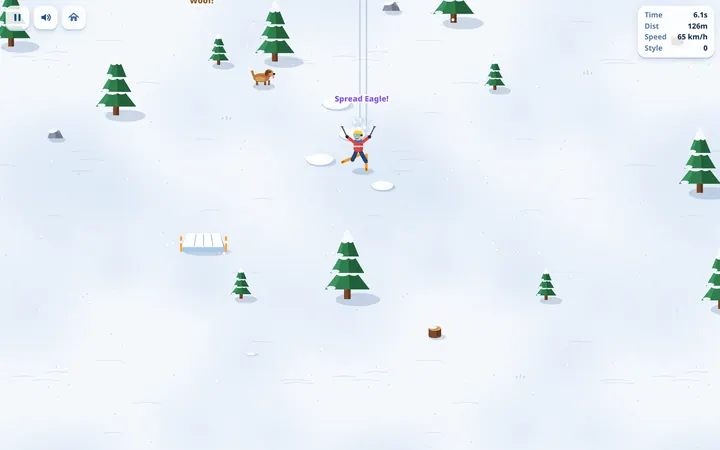Powder Panic gameplay: a skier carving down a snowy slope between pine trees