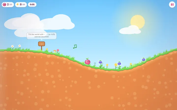 Puddlings gameplay: a pink blob rolling down a grassy hill under a sunny sky