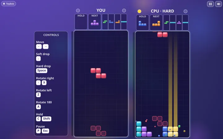 Stack Party gameplay: two falling-block boards side by side in a versus match